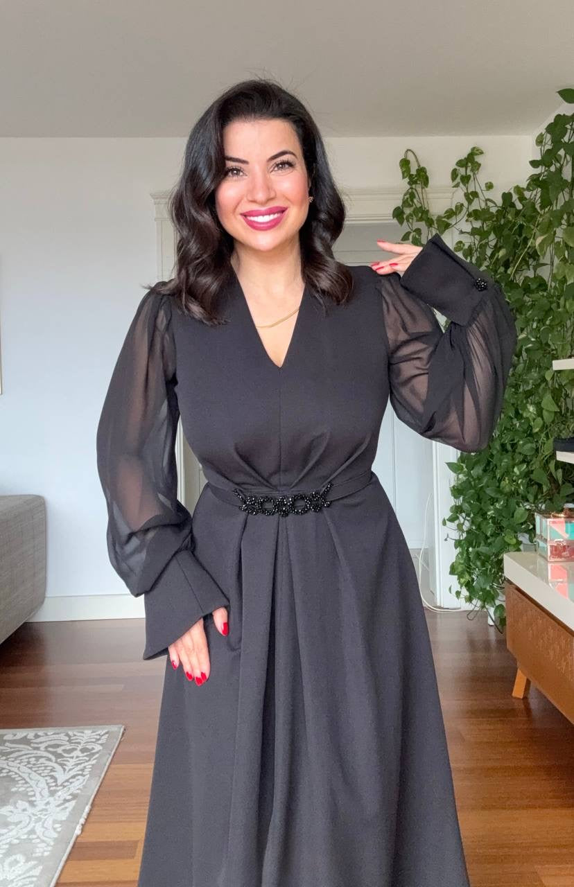 V-NECK MIDI DRESS WITH STONE-EMBELLISHED BELT - BLACK