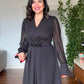 V-NECK MIDI DRESS WITH STONE-EMBELLISHED BELT - BLACK