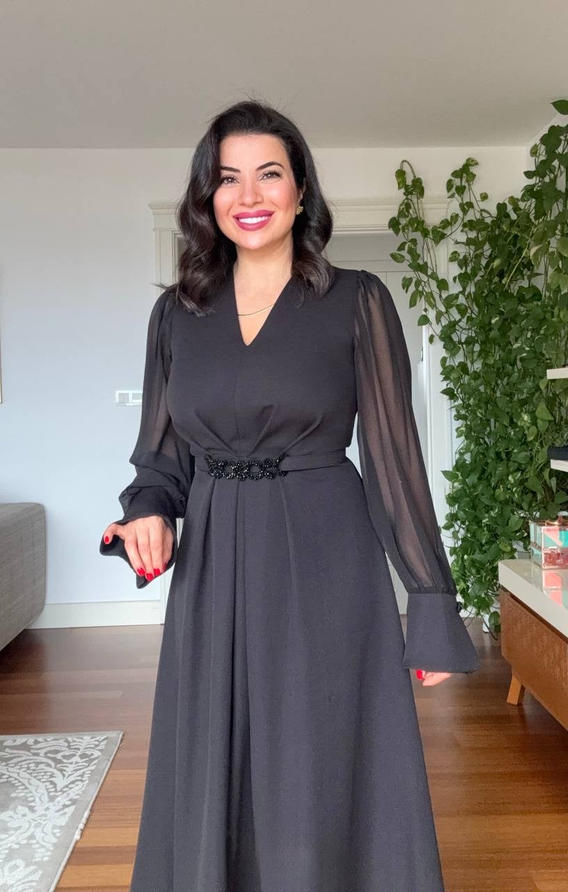 V-NECK MIDI DRESS WITH STONE-EMBELLISHED BELT - BLACK