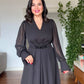 V-NECK MIDI DRESS WITH STONE-EMBELLISHED BELT - BLACK