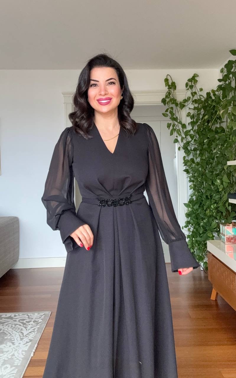 V-NECK MIDI DRESS WITH STONE-EMBELLISHED BELT - BLACK