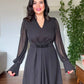 V-NECK MIDI DRESS WITH STONE-EMBELLISHED BELT - BLACK