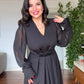 V-NECK MIDI DRESS WITH STONE-EMBELLISHED BELT - BLACK