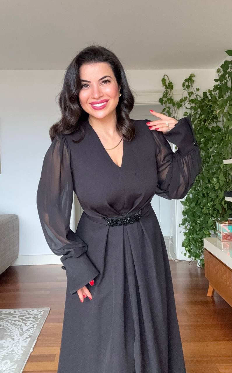 V-NECK MIDI DRESS WITH STONE-EMBELLISHED BELT - BLACK