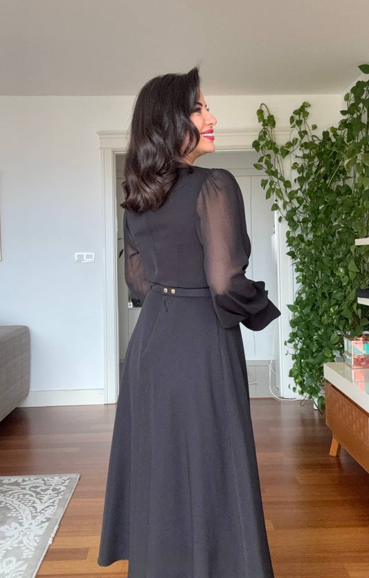 V-NECK MIDI DRESS WITH STONE-EMBELLISHED BELT - BLACK