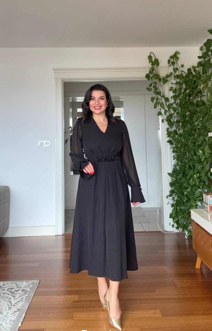 V-NECK MIDI DRESS WITH STONE-EMBELLISHED BELT - BLACK