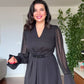 V-NECK MIDI DRESS WITH STONE-EMBELLISHED BELT - BLACK