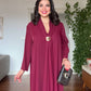 V-NECK LONG DRESS WITH SCARF DETAIL AND GOLD-TONE ACCENT - BURGUNDY