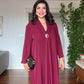 V-NECK LONG DRESS WITH SCARF DETAIL AND GOLD-TONE ACCENT - BURGUNDY