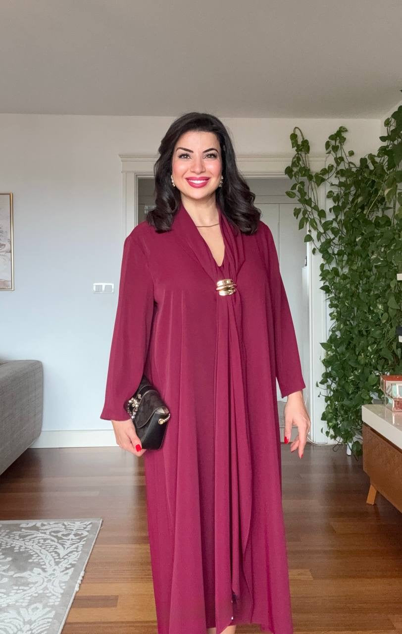 V-NECK LONG DRESS WITH SCARF DETAIL AND GOLD-TONE ACCENT - BURGUNDY