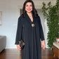 V-NECK LONG DRESS WITH SCARF DETAIL AND GOLD-TONE ACCENT - BLACK