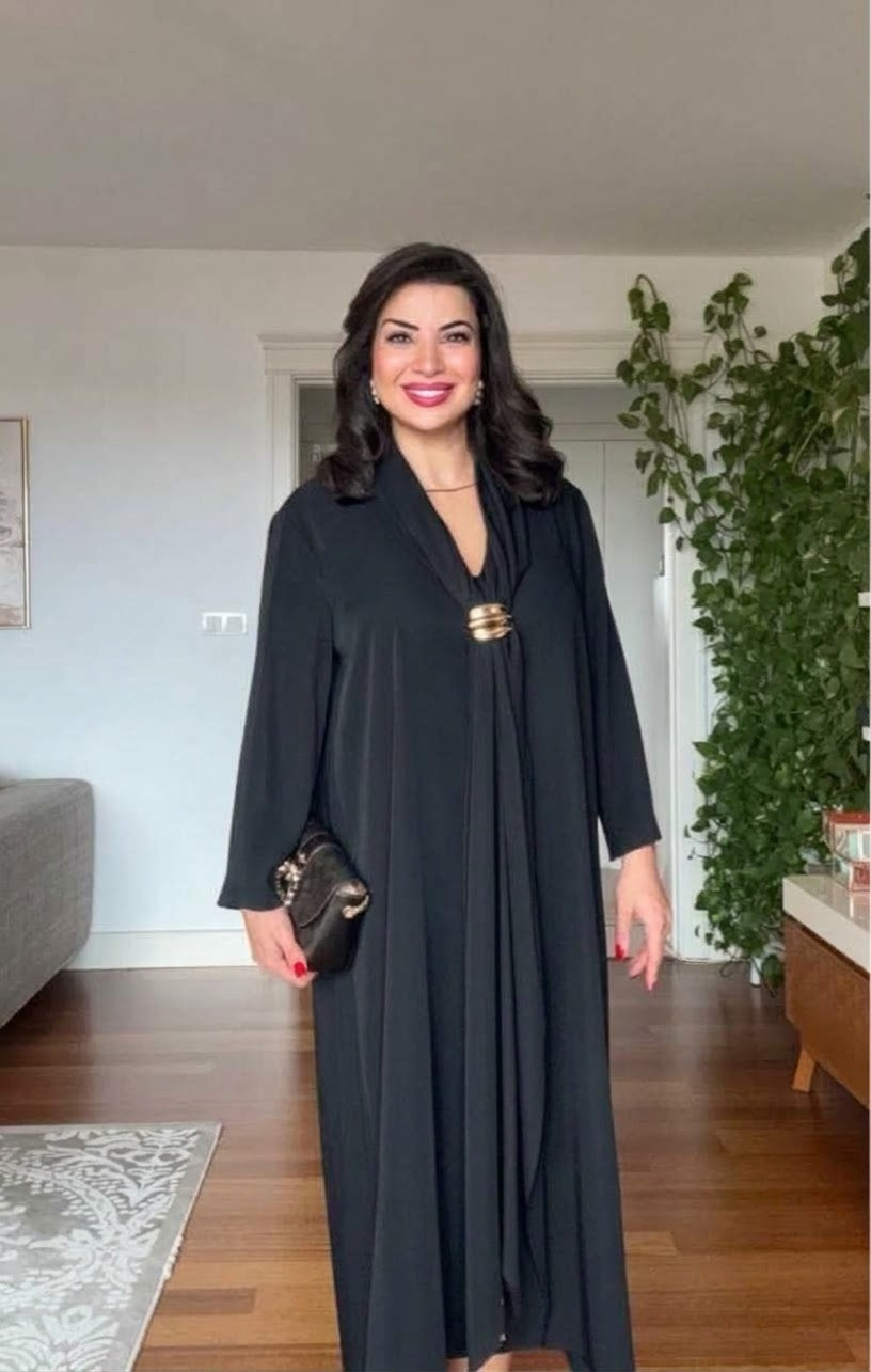 V-NECK LONG DRESS WITH SCARF DETAIL AND GOLD-TONE ACCENT - BLACK