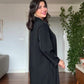V-NECK LONG DRESS WITH SCARF DETAIL AND GOLD-TONE ACCENT - BLACK
