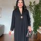 V-NECK LONG DRESS WITH SCARF DETAIL AND GOLD-TONE ACCENT - BLACK