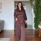 V-NECK SATIN-LOOK BLOUSE AND WIDE-LEG TROUSER SET - BROWN