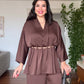 V-NECK SATIN-LOOK BLOUSE AND WIDE-LEG TROUSER SET - BROWN