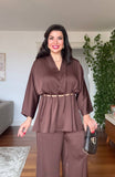 V-NECK SATIN-LOOK BLOUSE AND WIDE-LEG TROUSER SET - BROWN