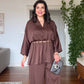 V-NECK SATIN-LOOK BLOUSE AND WIDE-LEG TROUSER SET - BROWN