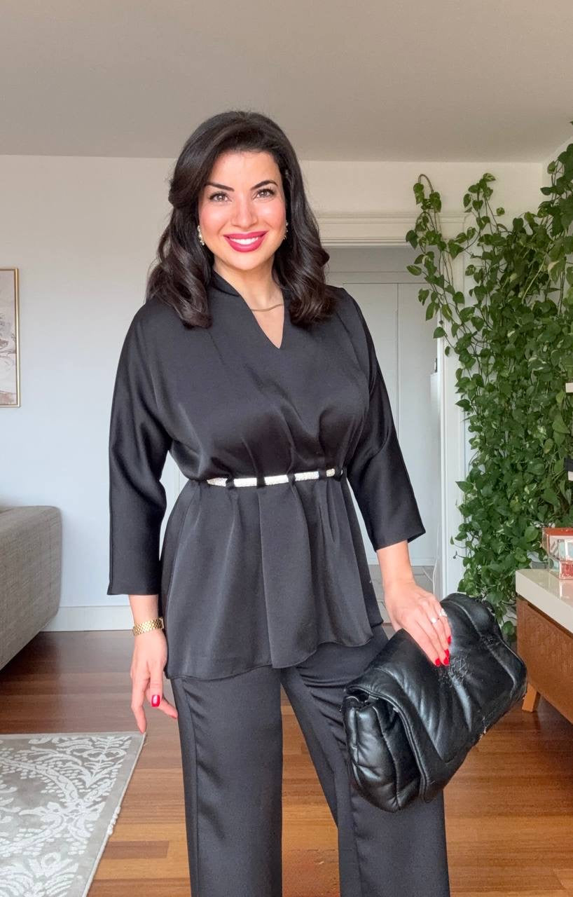 V-NECK SATIN-LOOK BLOUSE AND WIDE-LEG TROUSER SET - BLACK