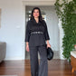 V-NECK SATIN-LOOK BLOUSE AND WIDE-LEG TROUSER SET - BLACK