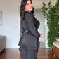 V-NECK SATIN-LOOK BLOUSE AND WIDE-LEG TROUSER SET - BLACK