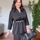 V-NECK SATIN-LOOK BLOUSE AND WIDE-LEG TROUSER SET - BLACK