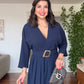 V-NECK BELTED DRESS WITH BUCKLE DETAIL AND ASYMMETRIC DRESS - NAVY BLUE