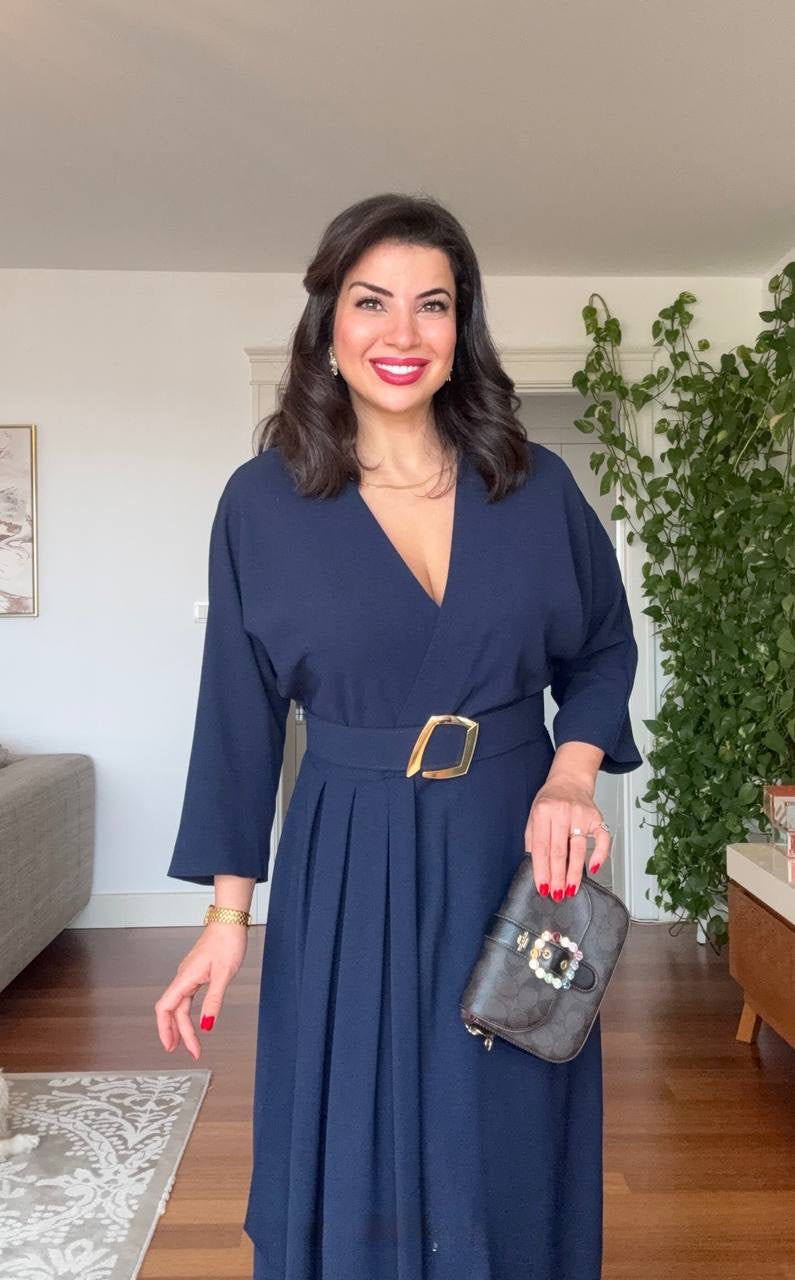 V-NECK BELTED DRESS WITH BUCKLE DETAIL AND ASYMMETRIC DRESS - NAVY BLUE