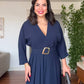 V-NECK BELTED DRESS WITH BUCKLE DETAIL AND ASYMMETRIC DRESS - NAVY BLUE