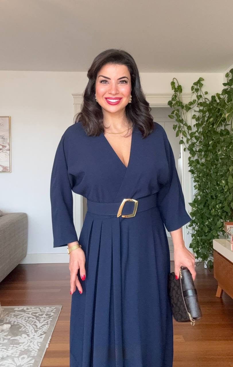 V-NECK BELTED DRESS WITH BUCKLE DETAIL AND ASYMMETRIC DRESS - NAVY BLUE