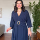 V-NECK BELTED DRESS WITH BUCKLE DETAIL AND ASYMMETRIC DRESS - NAVY BLUE