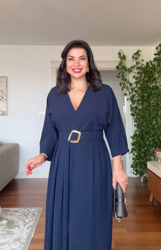 V-NECK BELTED DRESS WITH BUCKLE DETAIL AND ASYMMETRIC DRESS - NAVY BLUE