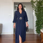 V-NECK BELTED DRESS WITH BUCKLE DETAIL AND ASYMMETRIC DRESS - NAVY BLUE