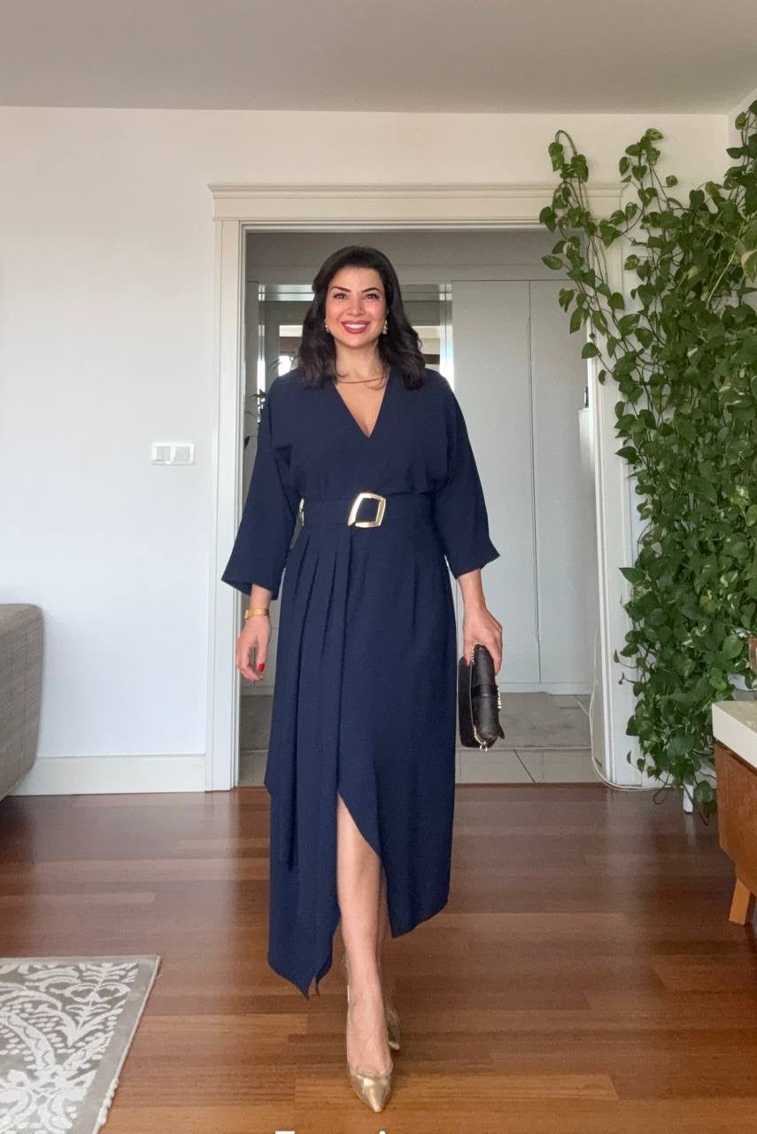 V-NECK BELTED DRESS WITH BUCKLE DETAIL AND ASYMMETRIC DRESS - NAVY BLUE