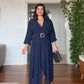 V-NECK BELTED DRESS WITH BUCKLE DETAIL AND ASYMMETRIC DRESS - NAVY BLUE