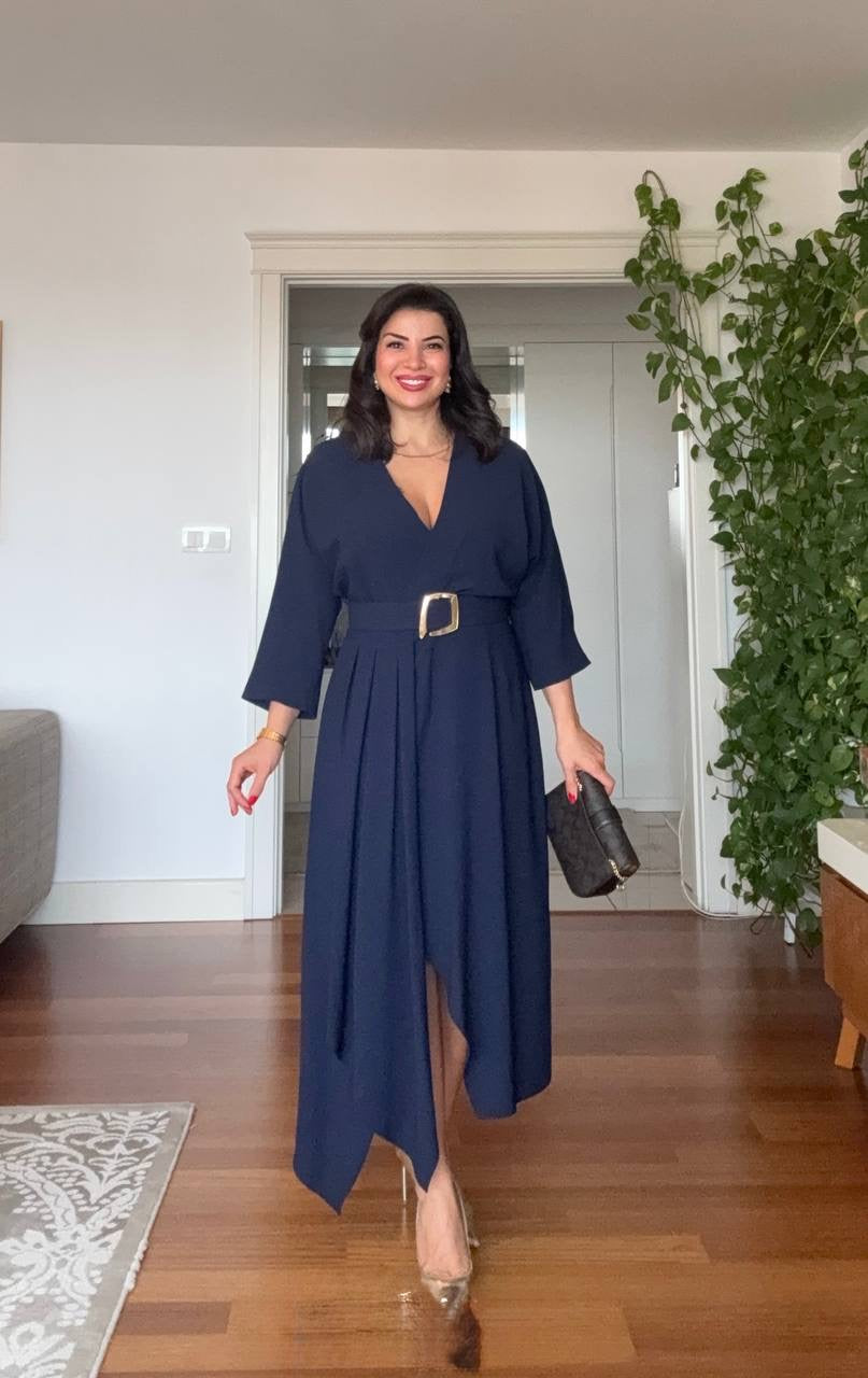 V-NECK BELTED DRESS WITH BUCKLE DETAIL AND ASYMMETRIC DRESS - NAVY BLUE