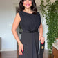 DRAPED SLEEVELESS MAXI DRESS WITH EMBELLISHED WAIST DETAIL - BLACK