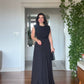DRAPED SLEEVELESS MAXI DRESS WITH EMBELLISHED WAIST DETAIL - BLACK