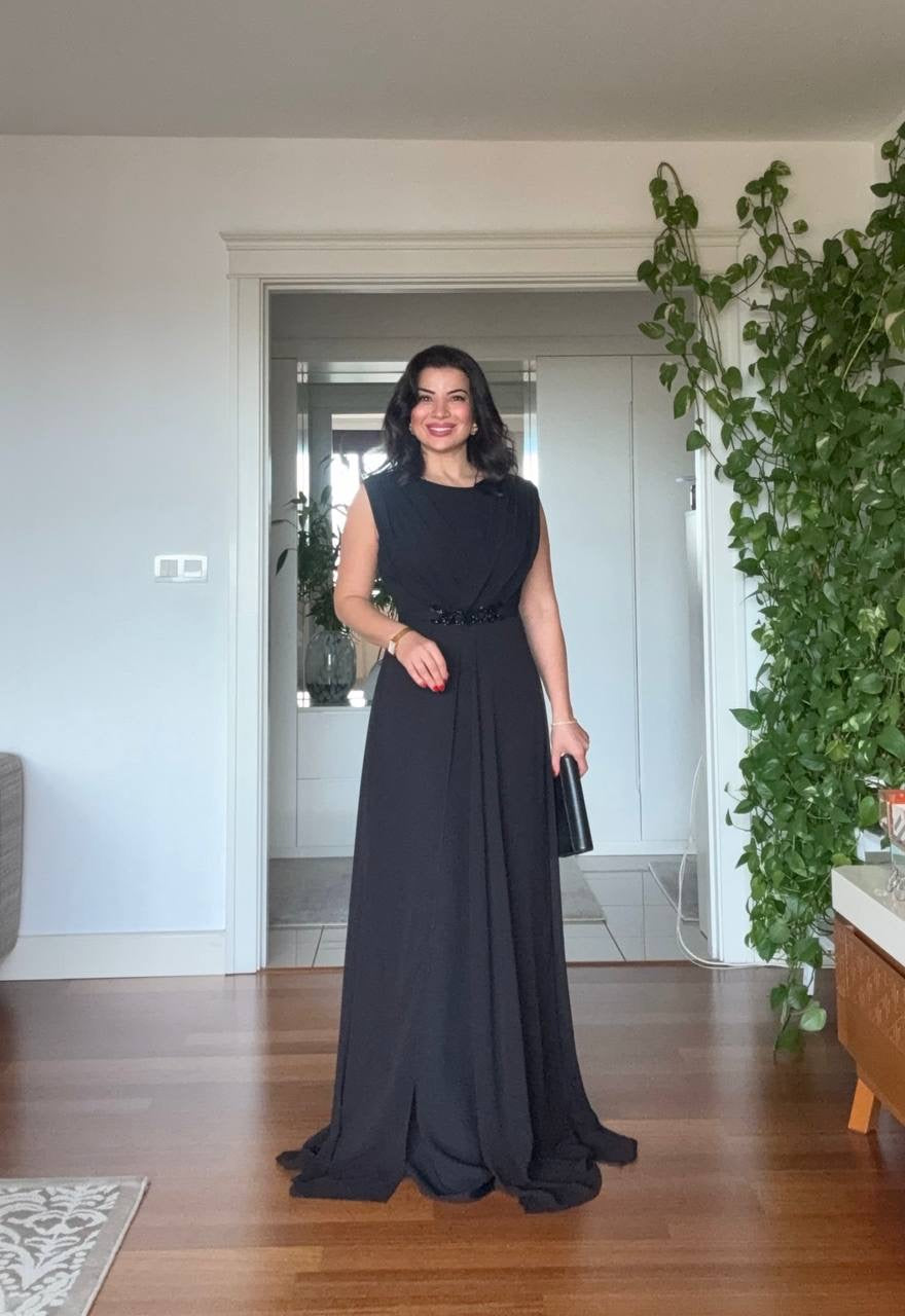 DRAPED SLEEVELESS MAXI DRESS WITH EMBELLISHED WAIST DETAIL - BLACK