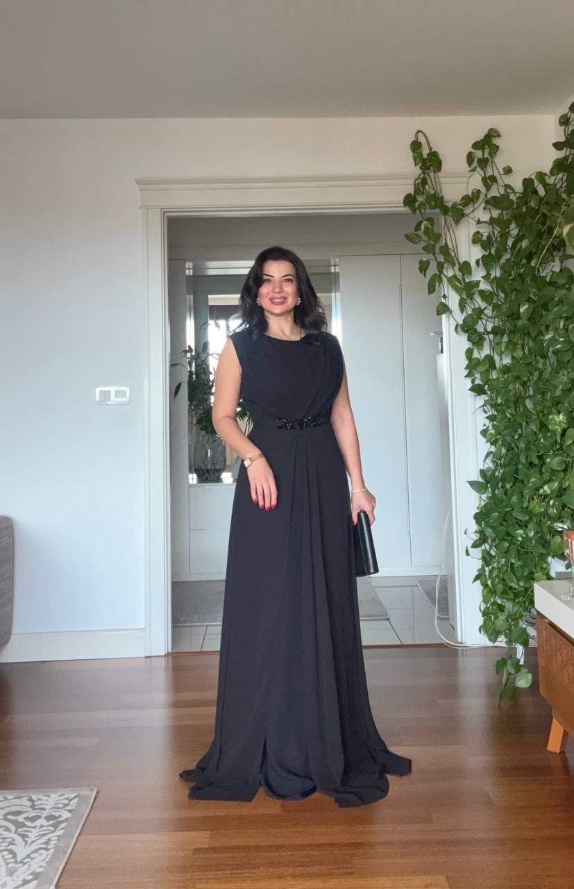 DRAPED SLEEVELESS MAXI DRESS WITH EMBELLISHED WAIST DETAIL - BLACK