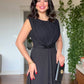 DRAPED SLEEVELESS MAXI DRESS WITH EMBELLISHED WAIST DETAIL - BLACK
