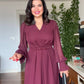 V-NECK MIDI DRESS WITH STONE-EMBELLISHED BELT - BURGUNDY
