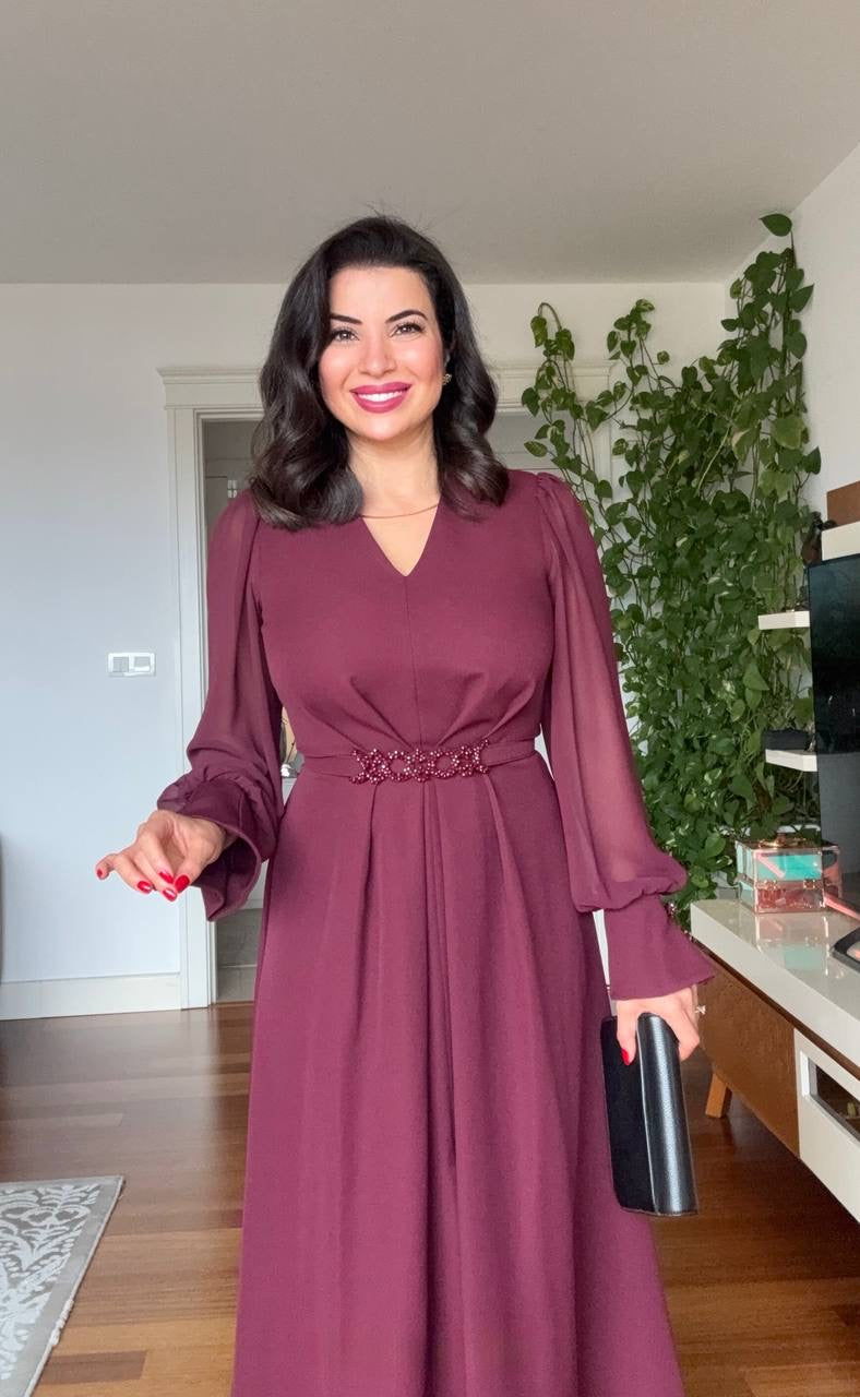 V-NECK MIDI DRESS WITH STONE-EMBELLISHED BELT - BURGUNDY