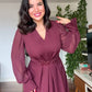 V-NECK MIDI DRESS WITH STONE-EMBELLISHED BELT - BURGUNDY