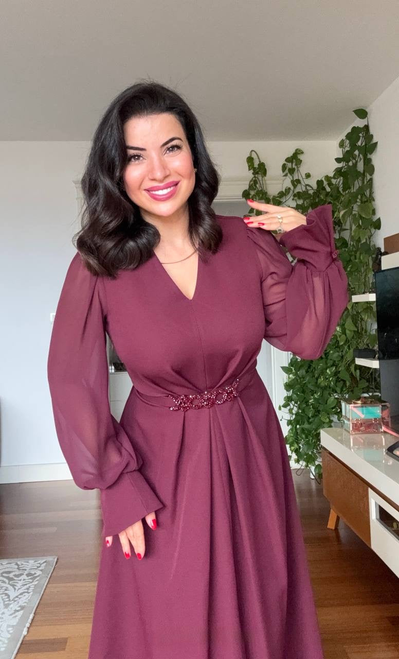 V-NECK MIDI DRESS WITH STONE-EMBELLISHED BELT - BURGUNDY