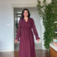 V-NECK MIDI DRESS WITH STONE-EMBELLISHED BELT - BURGUNDY