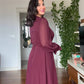 V-NECK MIDI DRESS WITH STONE-EMBELLISHED BELT - BURGUNDY