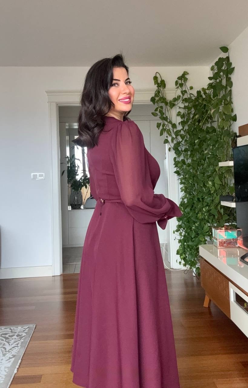 V-NECK MIDI DRESS WITH STONE-EMBELLISHED BELT - BURGUNDY