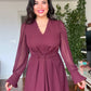 V-NECK MIDI DRESS WITH STONE-EMBELLISHED BELT - BURGUNDY