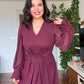 V-NECK MIDI DRESS WITH STONE-EMBELLISHED BELT - BURGUNDY